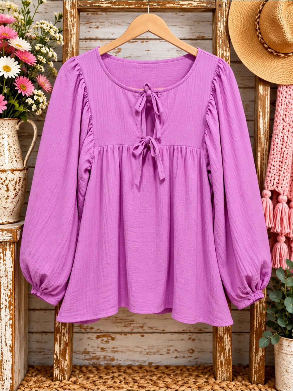 Women's Lilac Peasant Tunic Top with Tie Neck